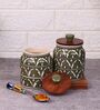 Green Jodhpuri Hand Painted Ceramic Jar with Wooden Lid Set of 2