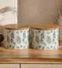 Green Leaf Printed Metal Airtight Containers With Wooden Lids Set Of 2