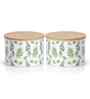 Green Leaf Printed Metal Airtight Containers With Wooden Lids Set Of 2