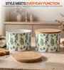Green Leaf Printed Metal Airtight Containers With Wooden Lids Set Of 2