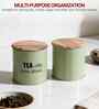 Green Metal Small Tea & Sugar Containers With Wooden Lids Set Of 2