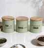 Green Metal Small Tea, Sugar & Coffee Containers With Wooden Lids Set Of 3