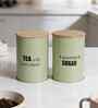 Green Metal Tea & Sugar Containers With Wooden Lids Set Of 2