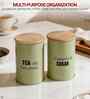 Green Metal Tea & Sugar Containers With Wooden Lids Set Of 2