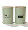 Green Metal Tea & Sugar Containers With Wooden Lids Set Of 2