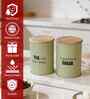 Green Metal Tea & Sugar Containers With Wooden Lids Set Of 2