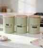 Green Metal Tea, Sugar & Coffee Containers With Wooden Lids Set Of 3