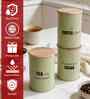 Green Metal Tea, Sugar & Coffee Containers With Wooden Lids Set Of 3