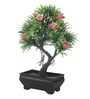 Green Plastic and Polyester Blend Artificial Y Shaped Bonsai Tree with Fern Green Leaves and Pink Flowers