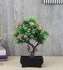 Green Plastic and Polyester Blend Artificial Y Shaped Bonsai Tree with Fern Green Leaves and Pink Flowers