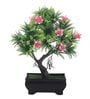 Green Plastic and Polyester Blend Artificial Y Shaped Bonsai Tree with Fern Green Leaves and Pink Flowers
