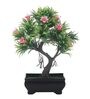 Green Plastic and Polyester Blend Artificial Y Shaped Bonsai Tree with Fern Green Leaves and Pink Flowers