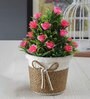 Green Plastic Pink Roses Artificial Plant with Pot