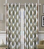 Green Polyester Floral Light Filtering Eyelet 9 Feet Door Curtains (2 Pc)
