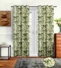 Green Polyester Floral 9ft Semisheer Eyelet 2 Pc Long Door Curtains