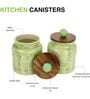Green Shaded Embossed Ceramic Air Tight Jars/ Barnis with Wooden Lids