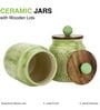 Green Shaded Embossed Ceramic Air Tight Jars/ Barnis with Wooden Lids