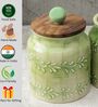 Green Shaded Embossed Ceramic Air Tight Jars/ Barnis with Wooden Lids