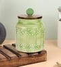 Green Shaded Embossed Ceramic Air Tight Jars/ Barnis with Wooden Lids