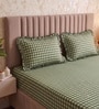 Green Checkered Polycotton Double King Fitted Bedsheet With 2 Frill Pillow Covers
