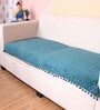 Turquoise Blue Solid Velvet 1 Seater Quilted Sofa Cover (Protector) with Pompom