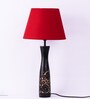 Floral Impressed E27 Holder Wooden Base Table Lamp (Black Base) with Fabric Shade (Red)