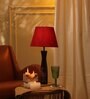 Floral Impressed E27 Holder Wooden Base Table Lamp (Black Base) with Fabric Shade (Red)