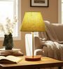 Green Texture Fabric Shade Table Lamp, Brown Wooden Base Bedside & Desk Light for Bedroom, Living Room & Home Decor