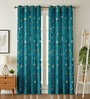 Green Velvet Leaf Print 7Ft Ring Top Door Curtains Pack of  2