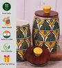 Green Yellow Jodhpuri Hand-made Ceramic Dholak Jar with Wooden Lid Set of 2