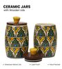 Green Yellow Jodhpuri Hand-made Ceramic Dholak Jar with Wooden Lid Set of 2