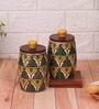 Green Yellow Jodhpuri Hand-made Ceramic Dholak Jar with Wooden Lid Set of 2