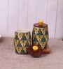 Green Yellow Jodhpuri Hand-made Ceramic Dholak Jar with Wooden Lid Set of 2