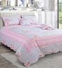 Grey & Pink Floral 250 TC Cotton Quilted Double Bed Cover with 2 Pillow Covers & 2 Cushion Covers with Filler