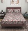 Grey & Red Glace Cotton Floral Print Elastic Fitted King Bedsheet With 2 Pillow Covers