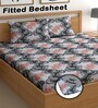 Grey 180 TC Floral Cotton Fitted Double Bedsheet 2 Pillow covers