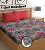 Grey 180 TC Floral Cotton Fitted Double Bedsheet 2 Pillow covers