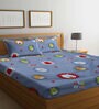 Grey Cartoon Printed 300 TC Cotton Blend Kids Double Bedsheet With 2 Pillow Covers