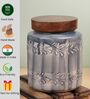 Grey Embossed Ceramic Air Tight Jar with Wooden Lid