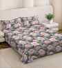 Grey Floral 300 TC Cotton Blend 7D King Size Double Bedsheet with 2 Pillow Covers