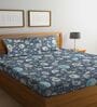 Navy Blue Floral 300 Tc Cotton Blend Double King Size Bedsheet With 2 Pillow Covers