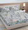 Grey Floral 300 TC Cotton Blend King Size Fitted Double Bedsheet with 2 Pillow Covers