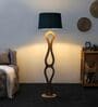 Grey Iron & Cloth Shade Club Floor Lamp With Wood Base