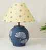 Grey Stone Finish Handpainted and hancarved Distress wooden Table lamp in Vaase handcarved design with handpainted fabric shade
