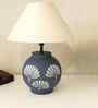 Grey Stone Finish Handpainted and hancarved Distress wooden Table lamp in Vaase handcarved design with handpainted fabric shade