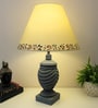 Grey Stone Finish Handpainted and hancarved Distress wooden Table lamp in Vaase handcarved design with handpainted fabric shade