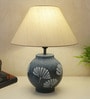 Grey Stone Finish Handpainted and hancarved Distress wooden Table lamp in Vaase handcarved design with handpainted fabric shade