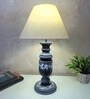 Grey Stone Finish Handpainted and hancarved Distress wooden Table lamp in Vaase handcarved design with handpainted fabric shade