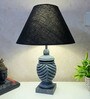Grey Stone Finish Handpainted and hancarved Distress wooden Table lamp in Vaase handcarved design with handpainted fabric shade