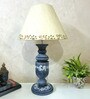 Grey Stone Finish Handpainted and hancarved Distress wooden Table lamp in Vaase handcarved design with handpainted fabric shade